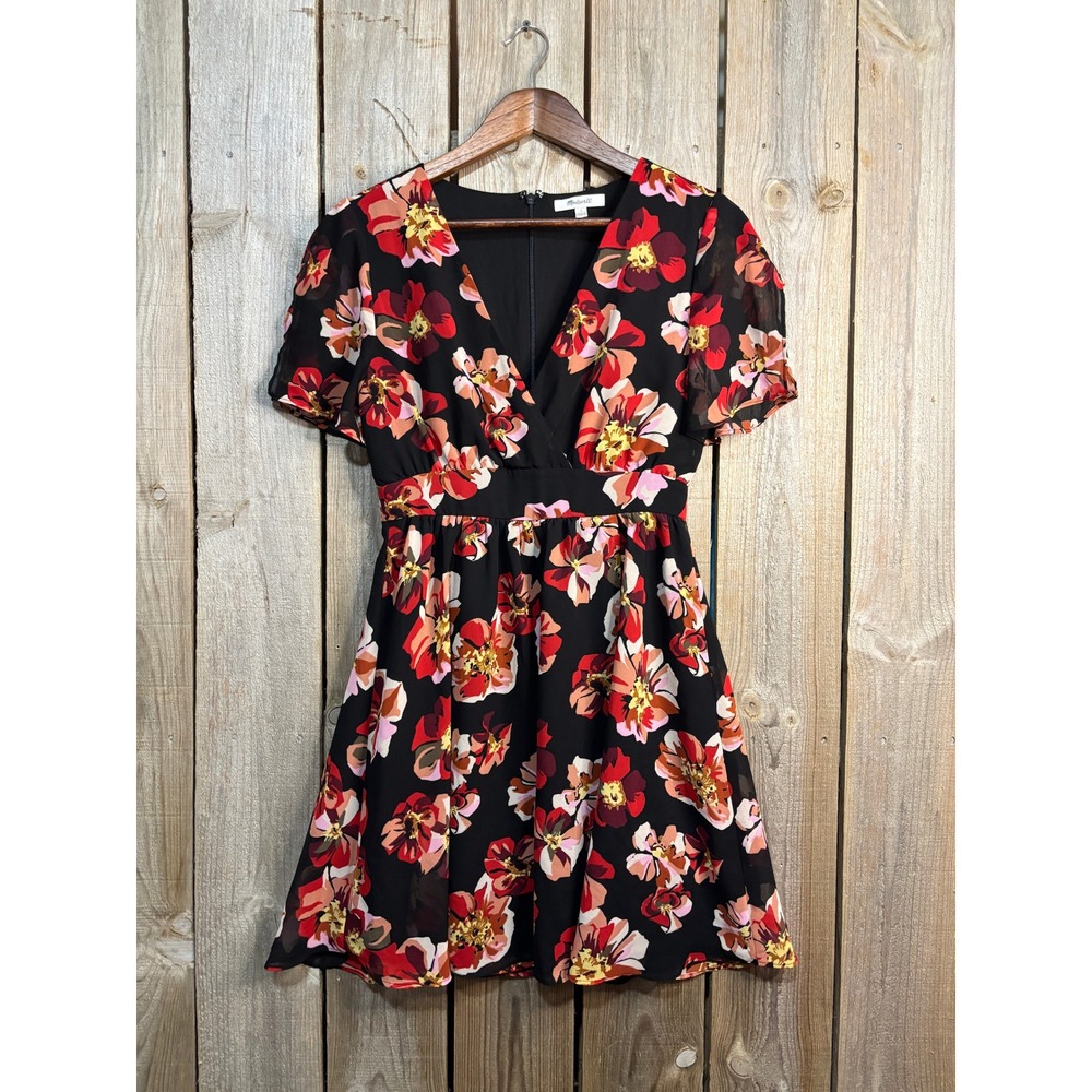Madewell Floral V-Neck Mini Dress Black‎ Red Pink FA18 J9078 Womens 0